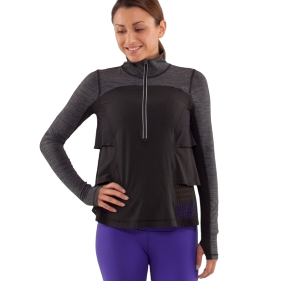Lululemon Sun Runner Hybrid 1/4 Zip Pullover Top Black Grey Ruffle Mesh Size 8 - Picture 2 of 16